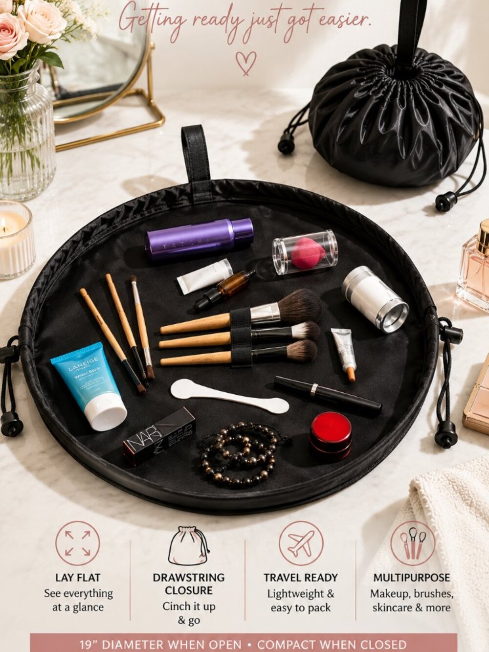 Lay Flat Makeup Bag 19" Black Drawstring Travel Cosmetic Organizer Pouch